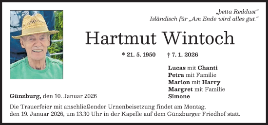 Traueranzeige von Hartmut Wintoch von Günzburger Zeitung