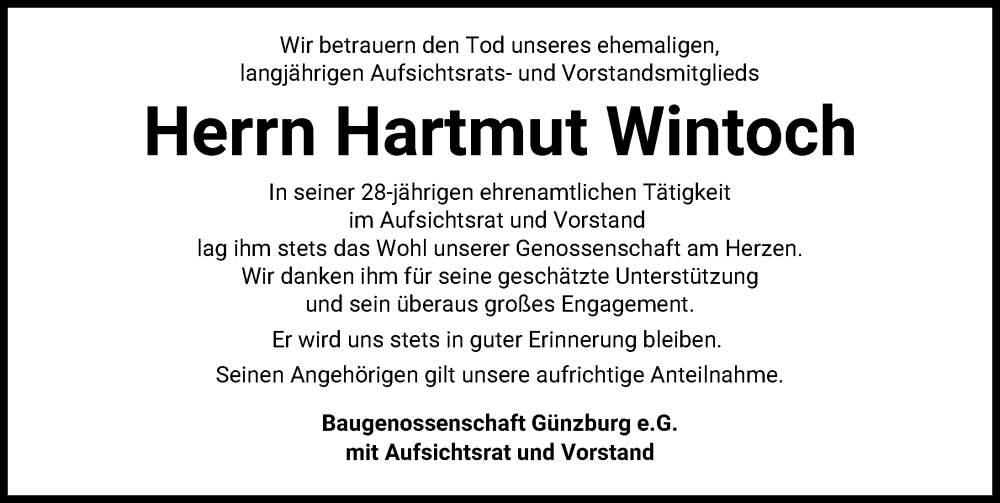 Traueranzeige für Hartmut Wintoch vom 17.01.2026 aus Günzburger Zeitung