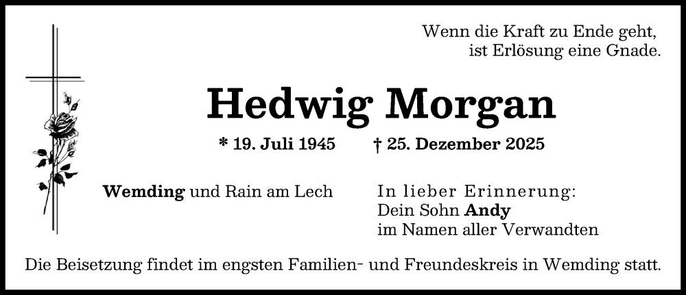  Traueranzeige für Hedwig Morgan vom 20.01.2026 aus Donauwörther Zeitung