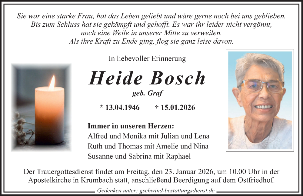  Traueranzeige für Heide Bosch vom 20.01.2026 aus Mittelschwäbische Nachrichten