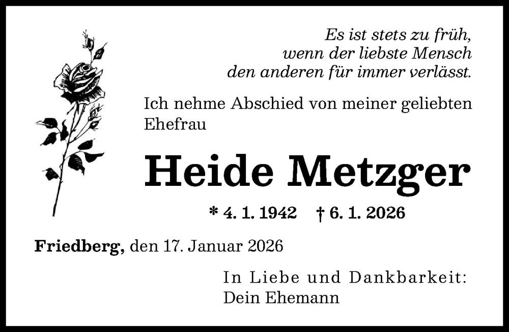 Traueranzeige für Heide Metzger vom 17.01.2026 aus Friedberger Allgemeine
