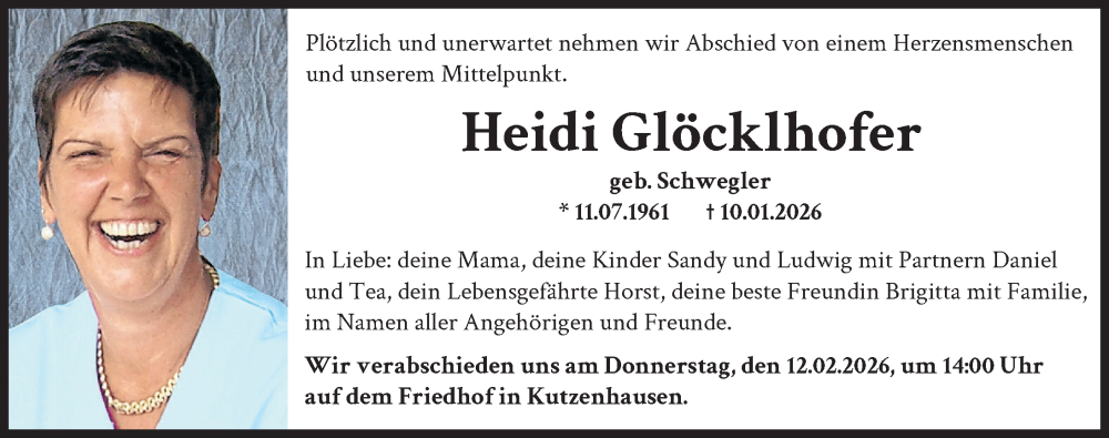  Traueranzeige für Heidi Glöcklhofer vom 31.01.2026 aus Augsburger Allgemeine