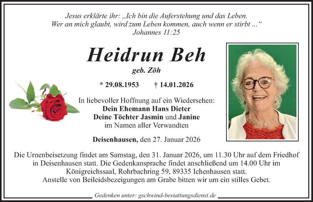  Traueranzeige für Heidrun Beh vom 27.01.2026 aus Mittelschwäbische Nachrichten