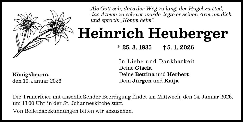 Traueranzeige von Heinrich Heuberger von Schwabmünchner Allgemeine