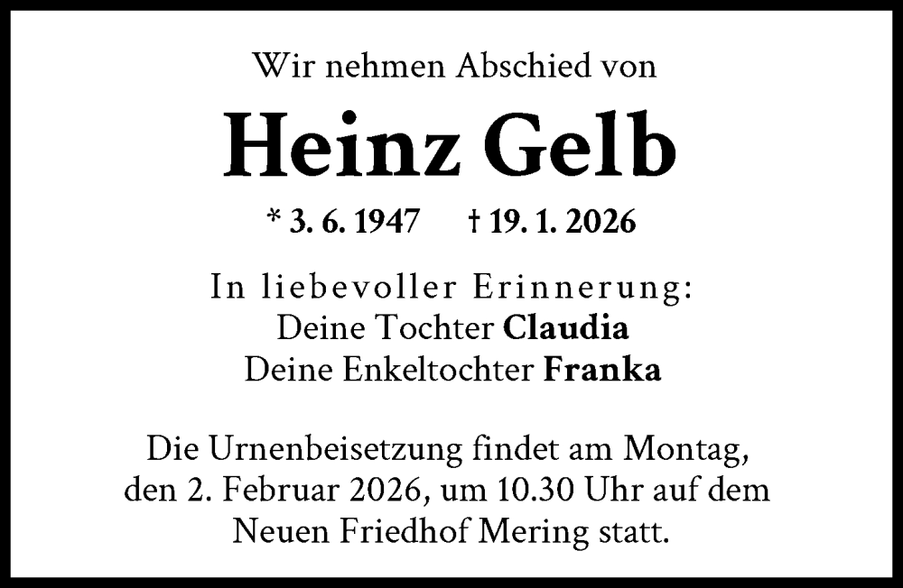  Traueranzeige für Heinz Gelb vom 24.01.2026 aus Friedberger Allgemeine