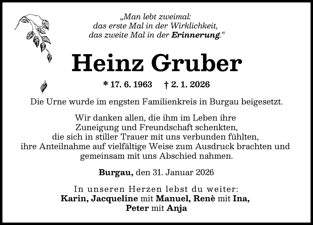  Traueranzeige für Heinz Gruber vom 31.01.2026 aus Günzburger Zeitung