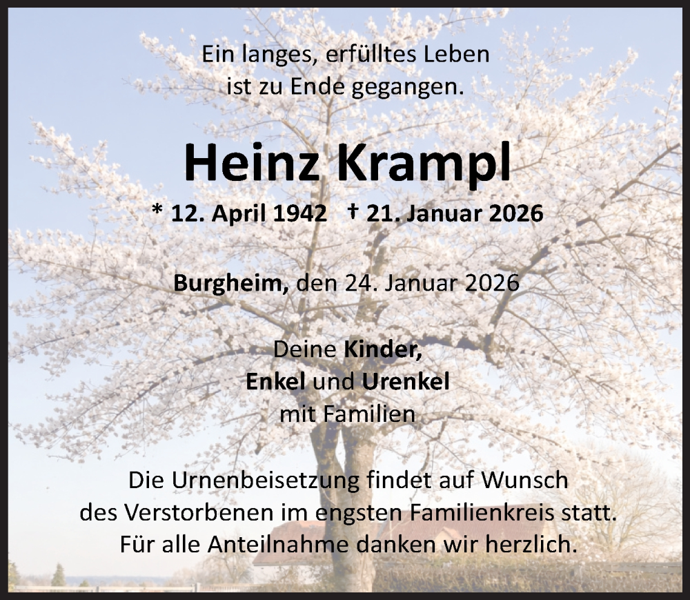  Traueranzeige für Heinz Krampl vom 24.01.2026 aus Neuburger Rundschau