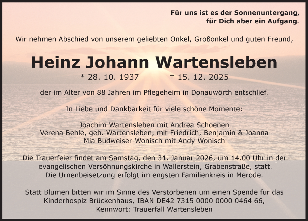  Traueranzeige für Heinz Johann Wartensleben vom 13.01.2026 aus Rieser Nachrichten