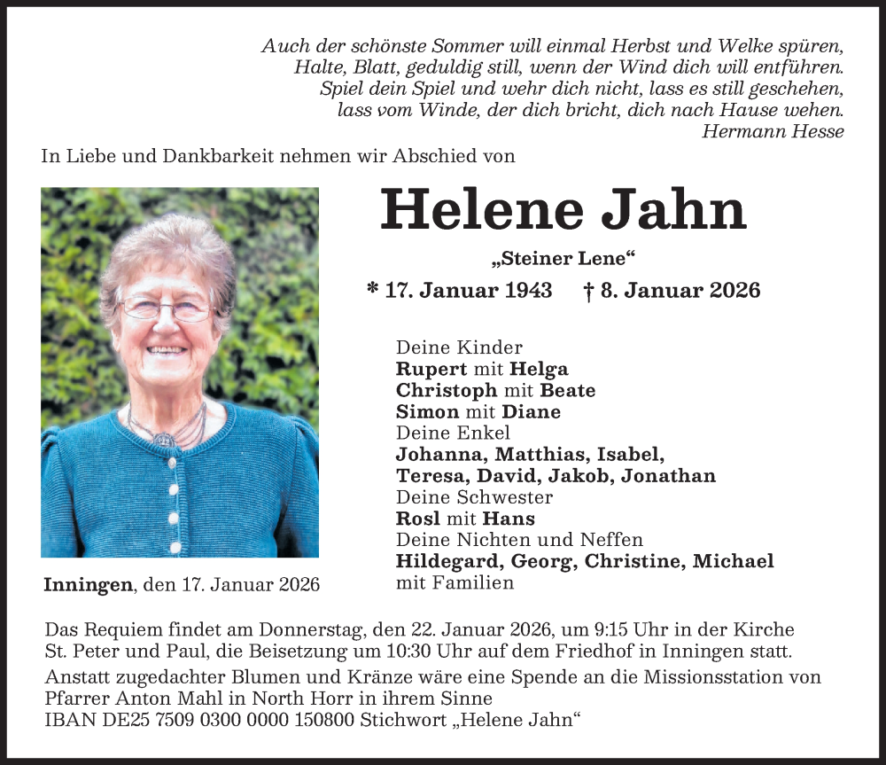  Traueranzeige für Helene Jahn vom 17.01.2026 aus Augsburger Allgemeine