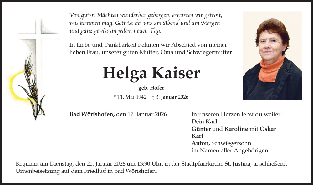  Traueranzeige für Helga Kaiser vom 17.01.2026 aus Mindelheimer Zeitung