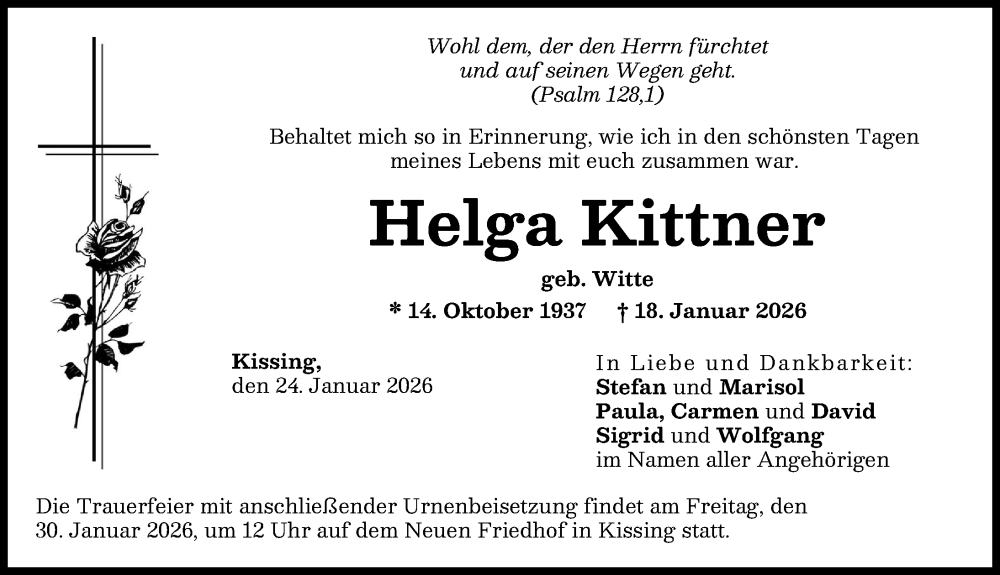  Traueranzeige für Helga Kittner vom 24.01.2026 aus Friedberger Allgemeine