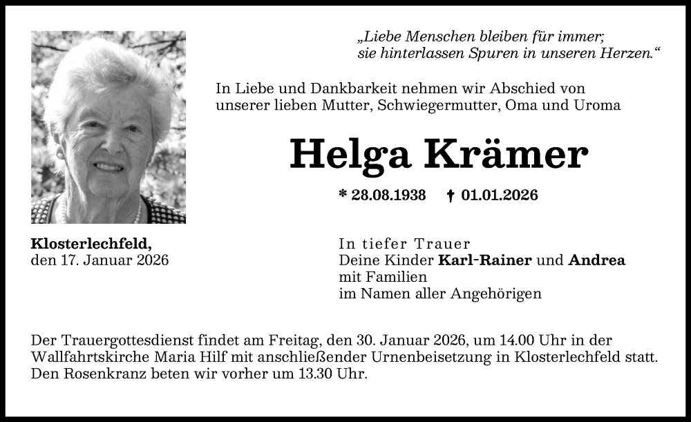  Traueranzeige für Helga Krämer vom 17.01.2026 aus Schwabmünchner Allgemeine