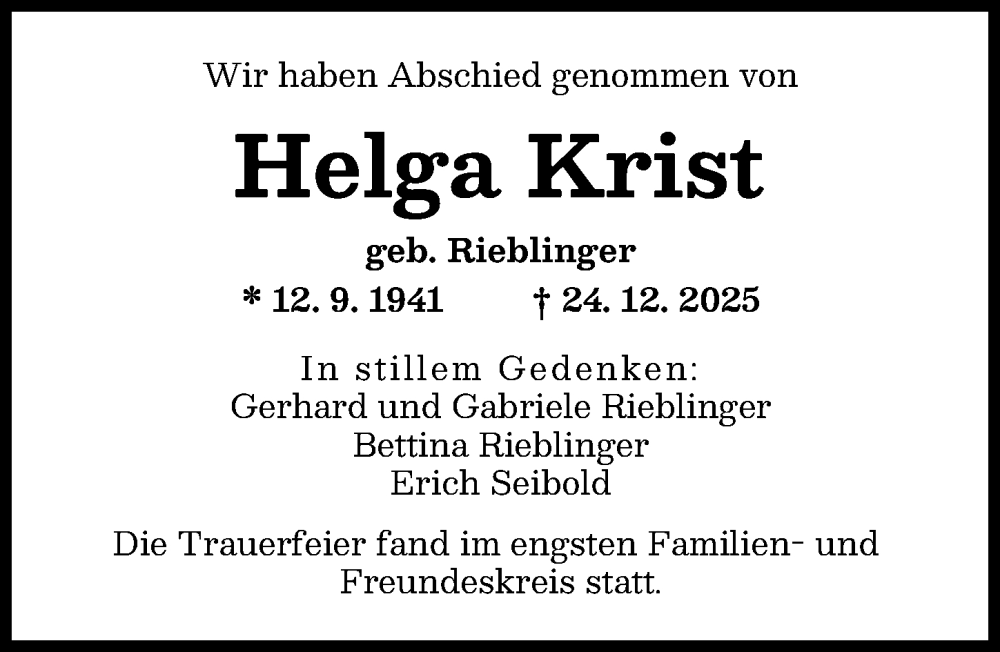  Traueranzeige für Helga Krist vom 17.01.2026 aus Augsburger Allgemeine