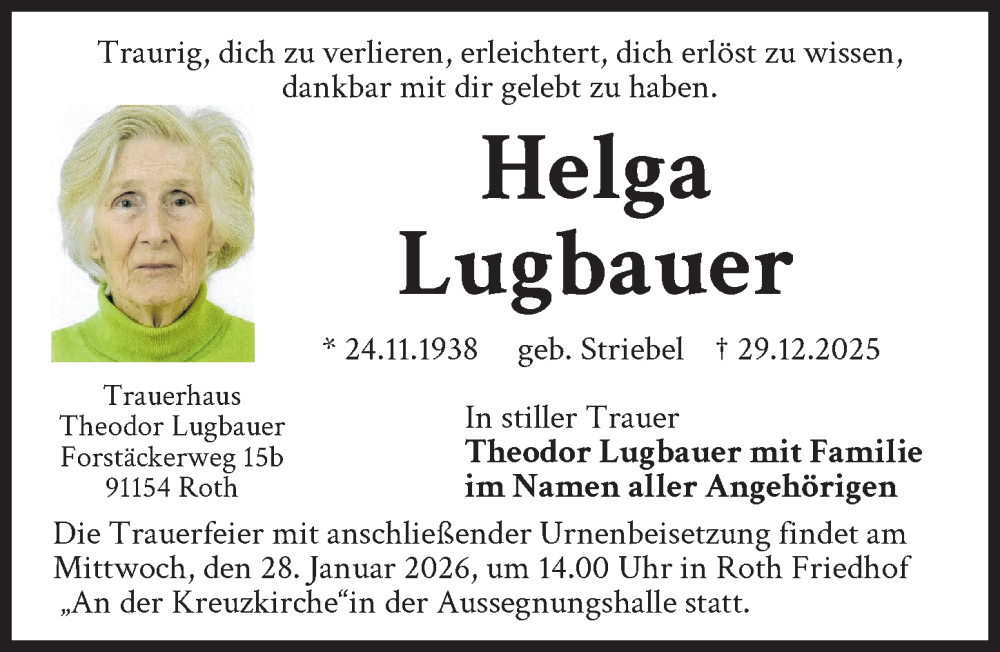  Traueranzeige für Helga Lugbauer vom 17.01.2026 aus Donauwörther Zeitung