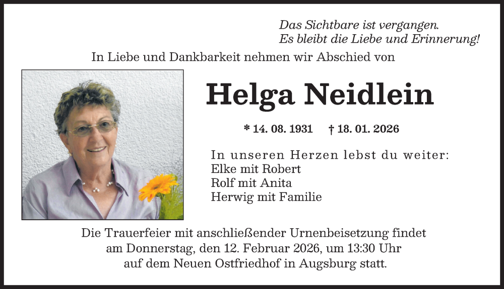  Traueranzeige für Helga Neidlein vom 31.01.2026 aus Augsburger Allgemeine