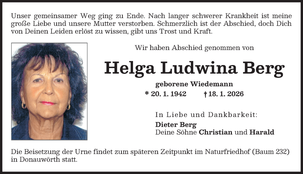  Traueranzeige für Helga Ludwina Berg vom 31.01.2026 aus Donauwörther Zeitung