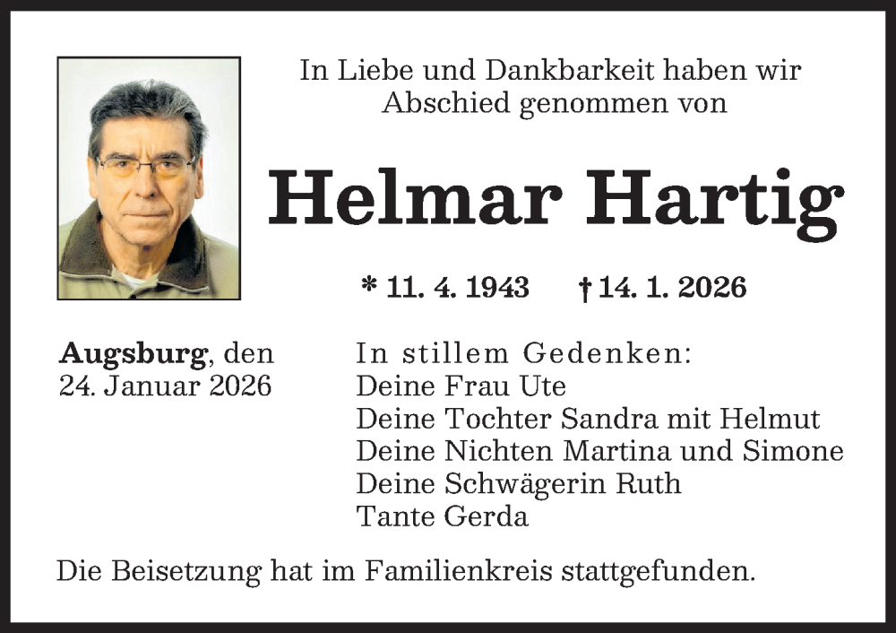  Traueranzeige für Helmar Hartig vom 24.01.2026 aus Augsburger Allgemeine