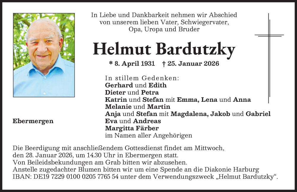  Traueranzeige für Helmut Bardutzky vom 27.01.2026 aus Donauwörther Zeitung