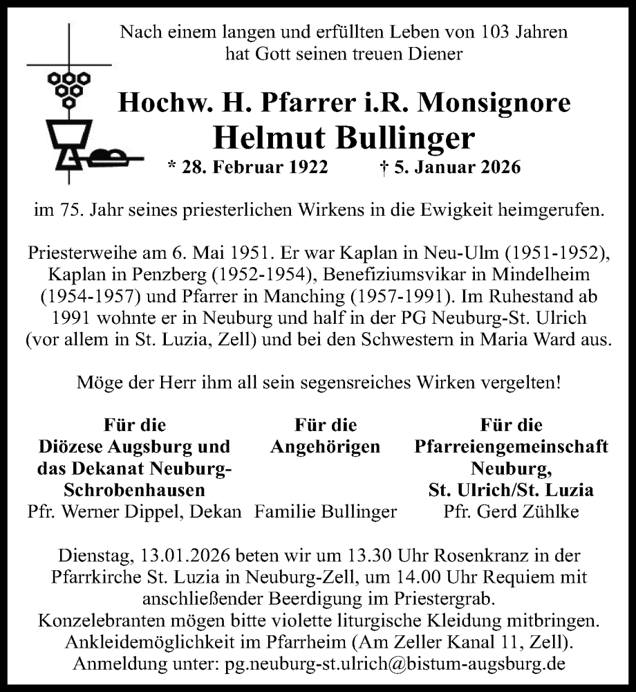 Traueranzeige von Helmut Bullinger von Augsburger Allgemeine, Neuburger Rundschau