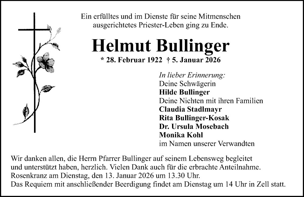 Traueranzeige von Helmut Bullinger von Neuburger Rundschau
