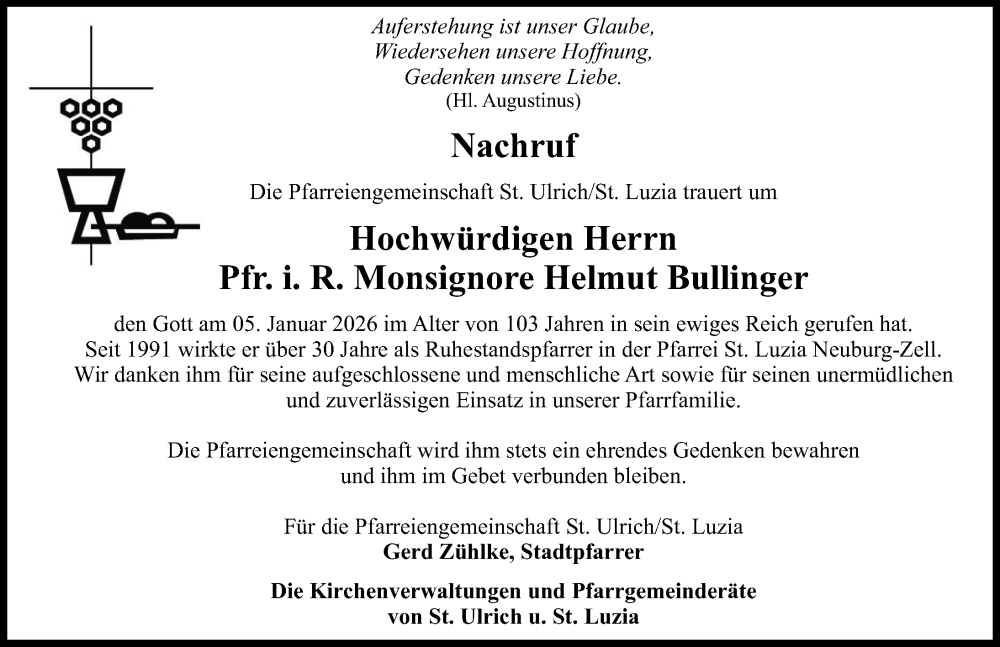 Traueranzeige von Helmut Bullinger von Neuburger Rundschau