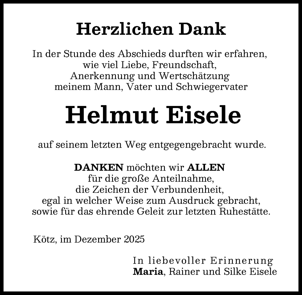  Traueranzeige für Helmut Eisele vom 03.01.2026 aus Günzburger Zeitung
