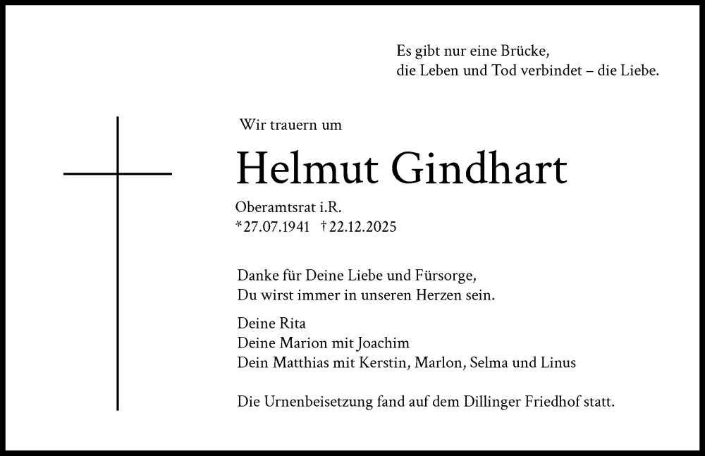  Traueranzeige für Helmut Gindhart vom 14.01.2026 aus Donau Zeitung
