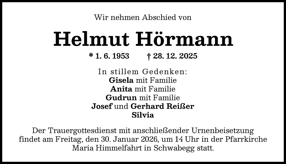  Traueranzeige für Helmut Hörmann vom 24.01.2026 aus Schwabmünchner Allgemeine