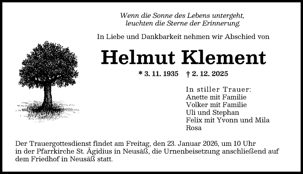  Traueranzeige für Helmut Klement vom 17.01.2026 aus Augsburger Allgemeine