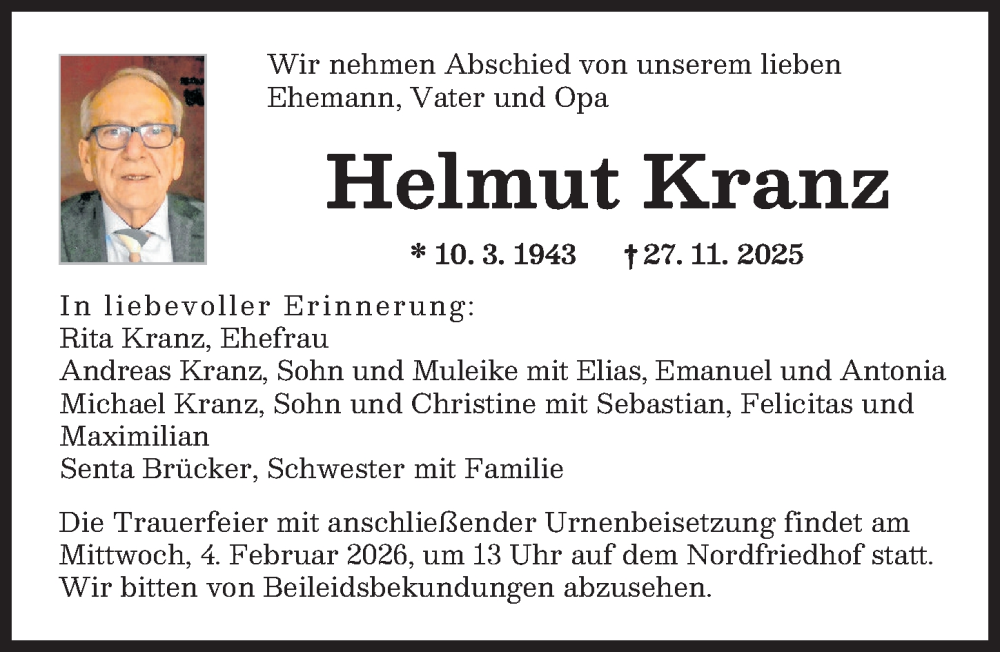  Traueranzeige für Helmut Kranz vom 31.01.2026 aus Augsburger Allgemeine