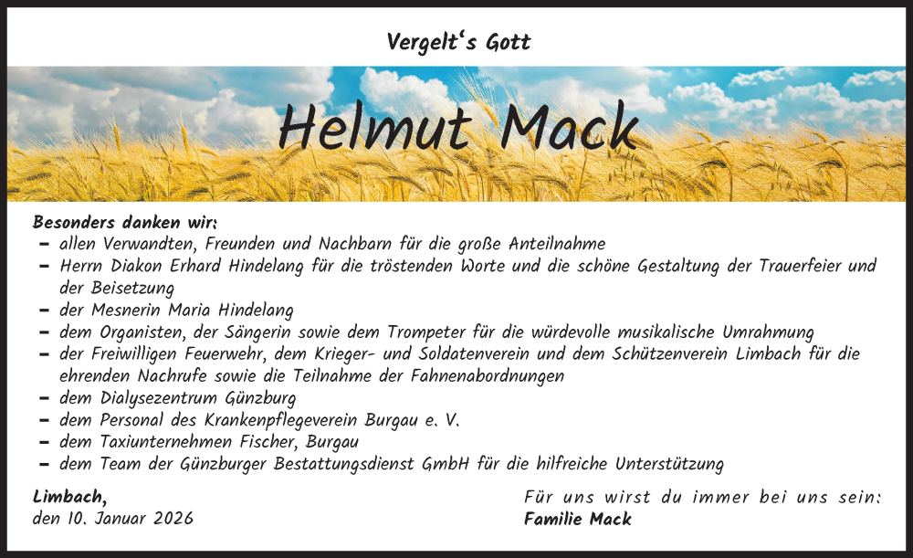  Traueranzeige für Helmut Mack vom 10.01.2026 aus Günzburger Zeitung