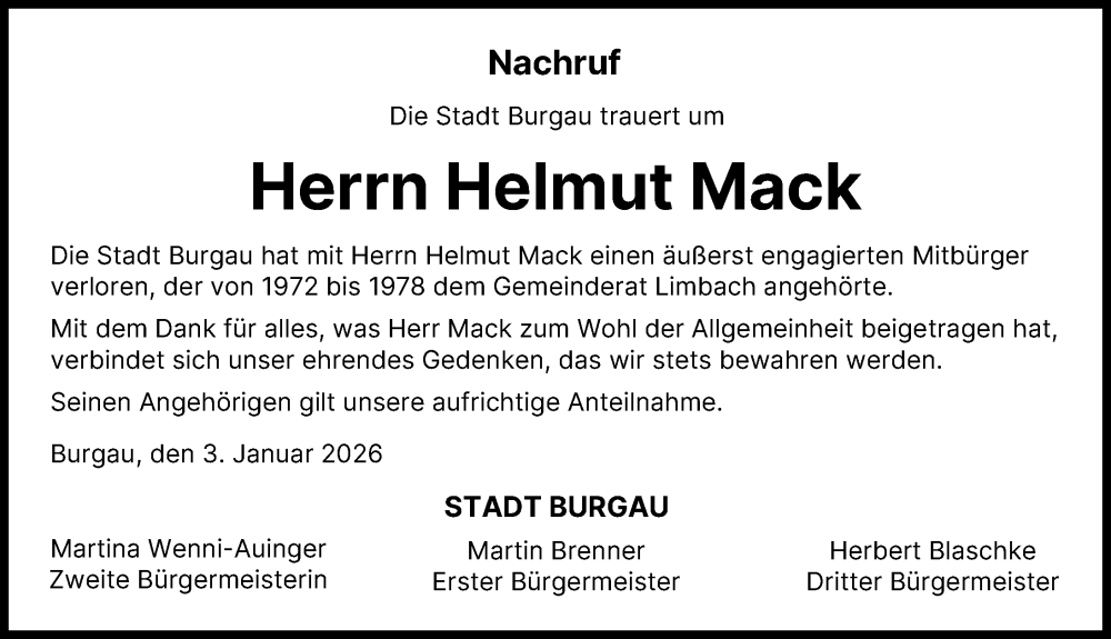  Traueranzeige für Helmut Mack vom 03.01.2026 aus Günzburger Zeitung