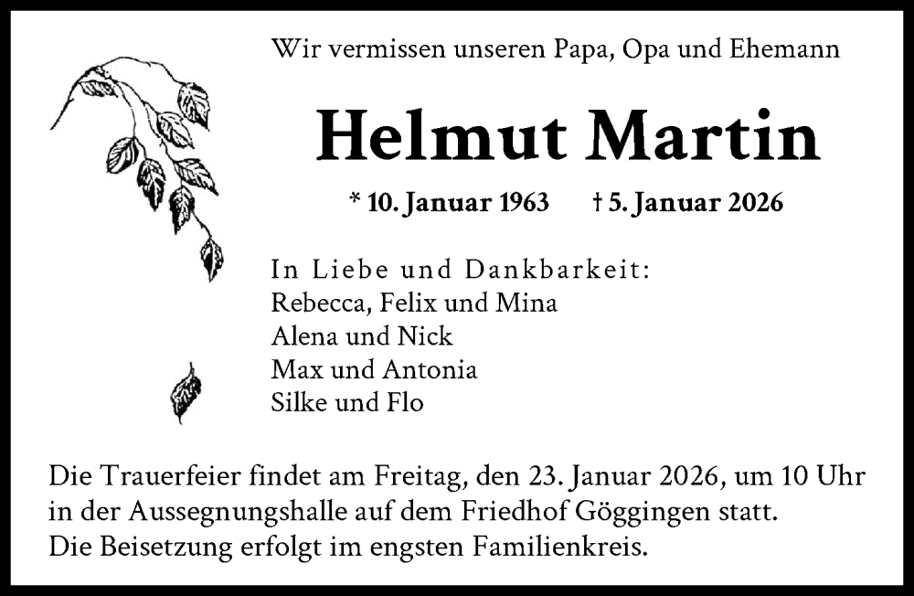  Traueranzeige für Helmut Martin vom 17.01.2026 aus Augsburger Allgemeine