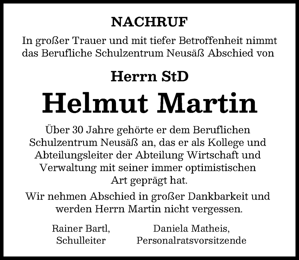  Traueranzeige für Helmut Martin vom 19.01.2026 aus Augsburger Allgemeine