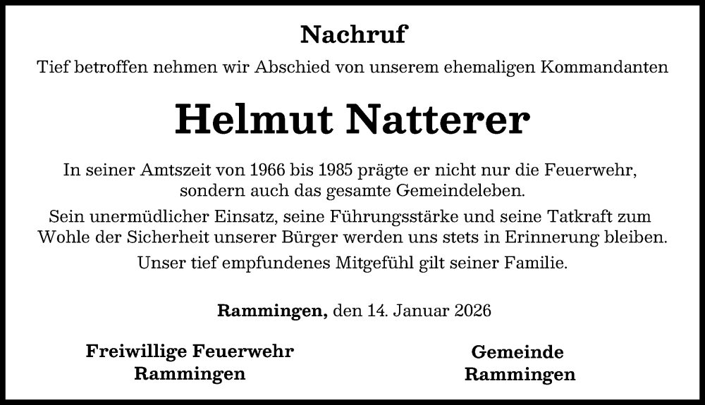  Traueranzeige für Helmut Natterer vom 14.01.2026 aus Mindelheimer Zeitung
