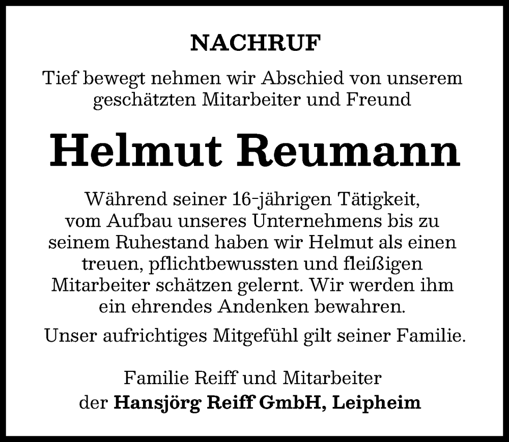 Traueranzeige von Helmut Reumann von Günzburger Zeitung