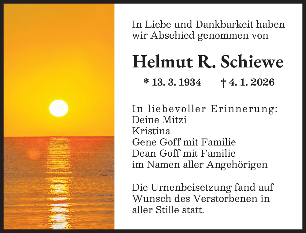  Traueranzeige für Helmut R. Schiewe vom 31.01.2026 aus Augsburger Allgemeine