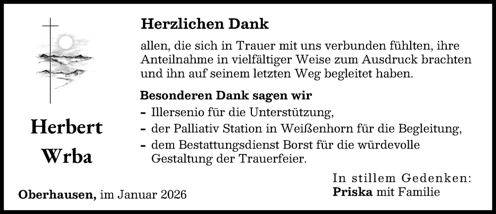  Traueranzeige für Herbert Wrba vom 14.01.2026 aus Neu-Ulmer Zeitung