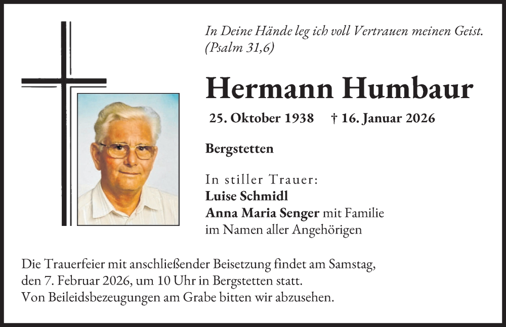  Traueranzeige für Hermann Humbaur vom 31.01.2026 aus Donauwörther Zeitung