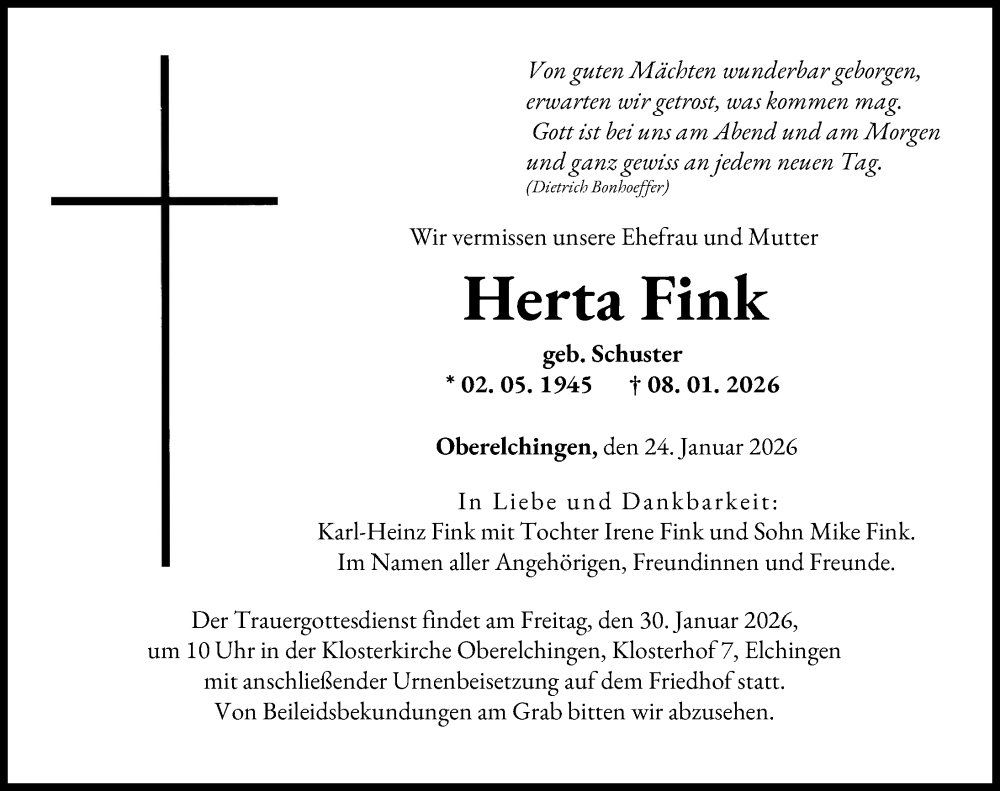  Traueranzeige für Herta Fink vom 24.01.2026 aus Neu-Ulmer Zeitung