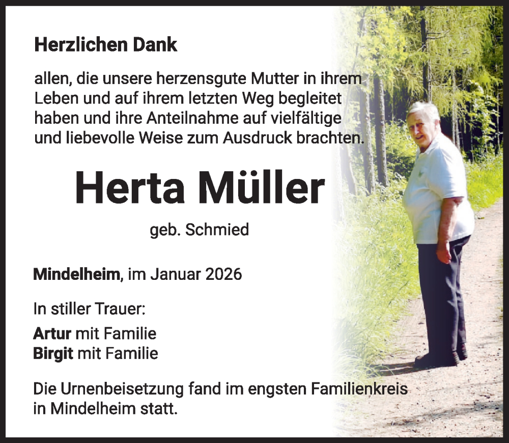  Traueranzeige für Herta Müller vom 22.01.2026 aus Mindelheimer Zeitung