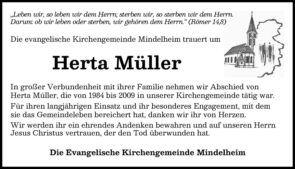  Traueranzeige für Herta Müller vom 24.01.2026 aus Mindelheimer Zeitung