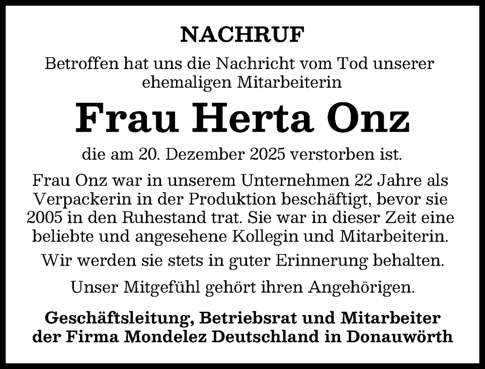  Traueranzeige für Herta Onz vom 17.01.2026 aus Donauwörther Zeitung