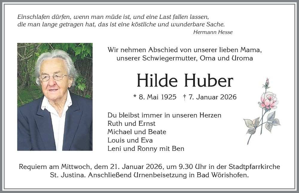  Traueranzeige für Hilde Huber vom 17.01.2026 aus Mindelheimer Zeitung