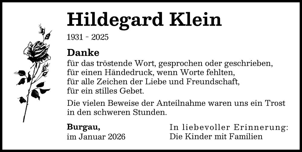 Traueranzeige von Hildegard Klein von Günzburger Zeitung