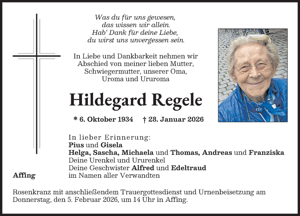  Traueranzeige für Hildegard Regele vom 31.01.2026 aus Aichacher Nachrichten