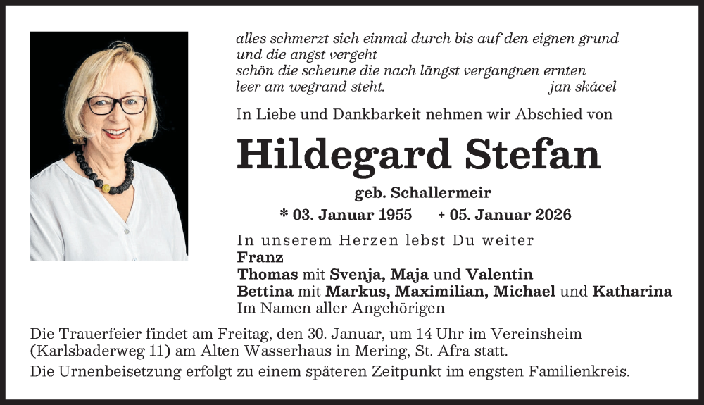  Traueranzeige für Hildegard Stefan vom 24.01.2026 aus Friedberger Allgemeine