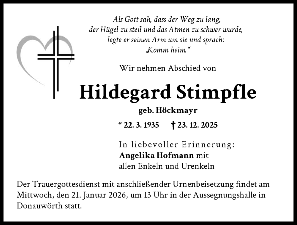  Traueranzeige für Hildegard Stimpfle vom 17.01.2026 aus Donauwörther Zeitung