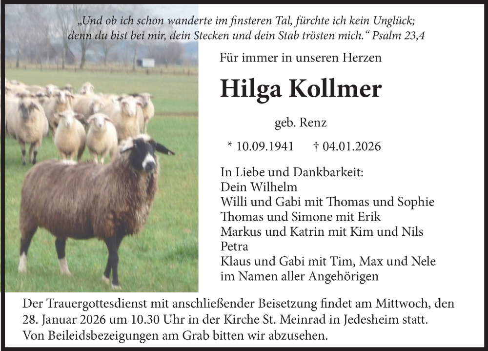 Traueranzeige für Hilga Kollmer vom 24.01.2026 aus Illertisser Zeitung