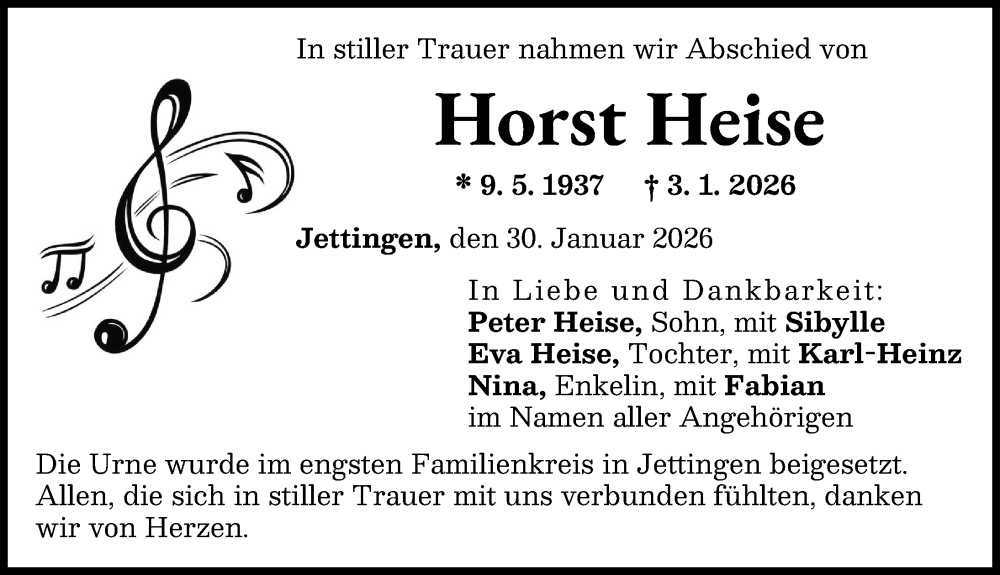  Traueranzeige für Horst Heise vom 30.01.2026 aus Günzburger Zeitung